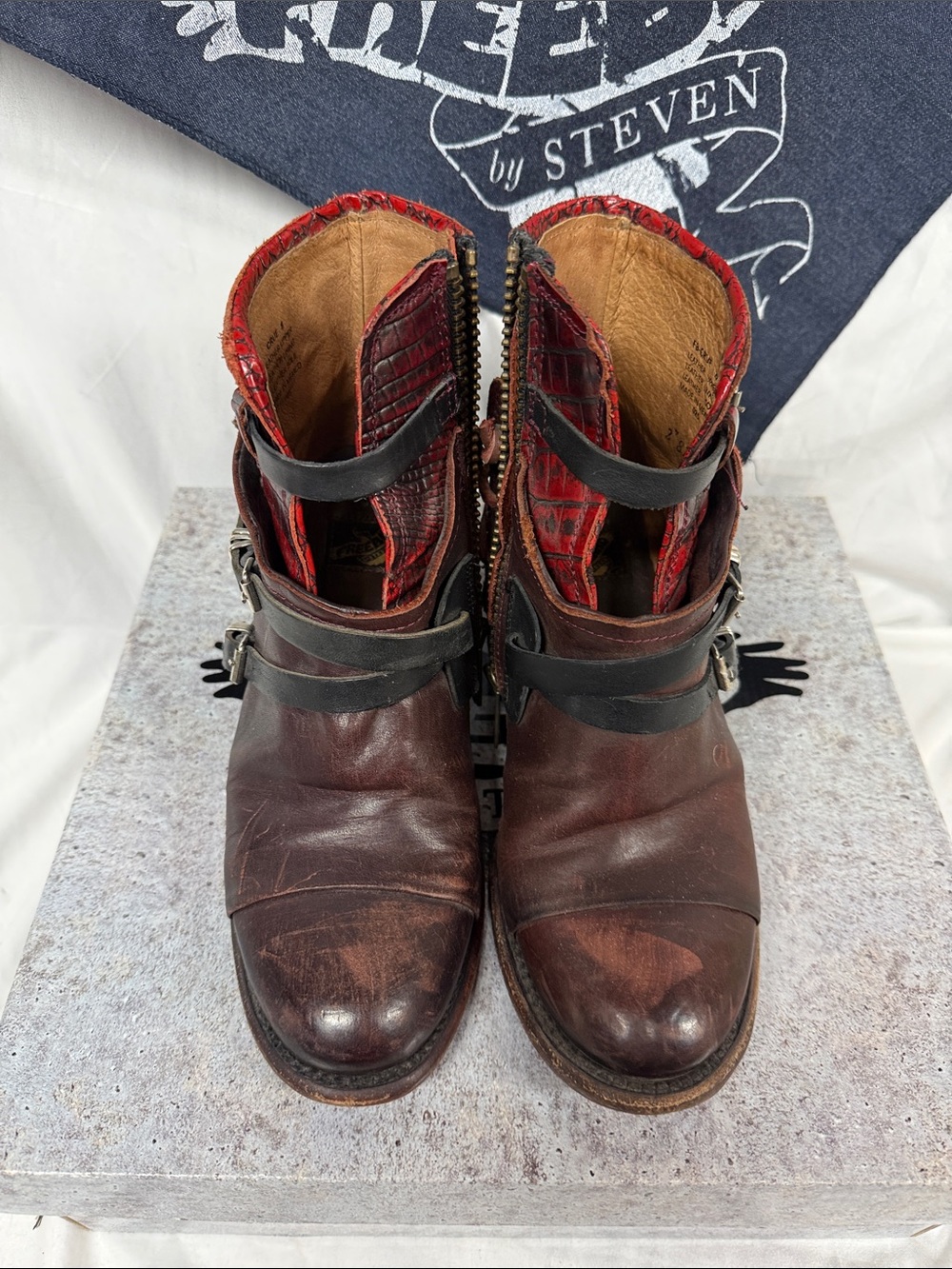 Freebird Crue by Steven Burgundy & Red Leather Buckle Ankle Boots - Picture 2 of 6